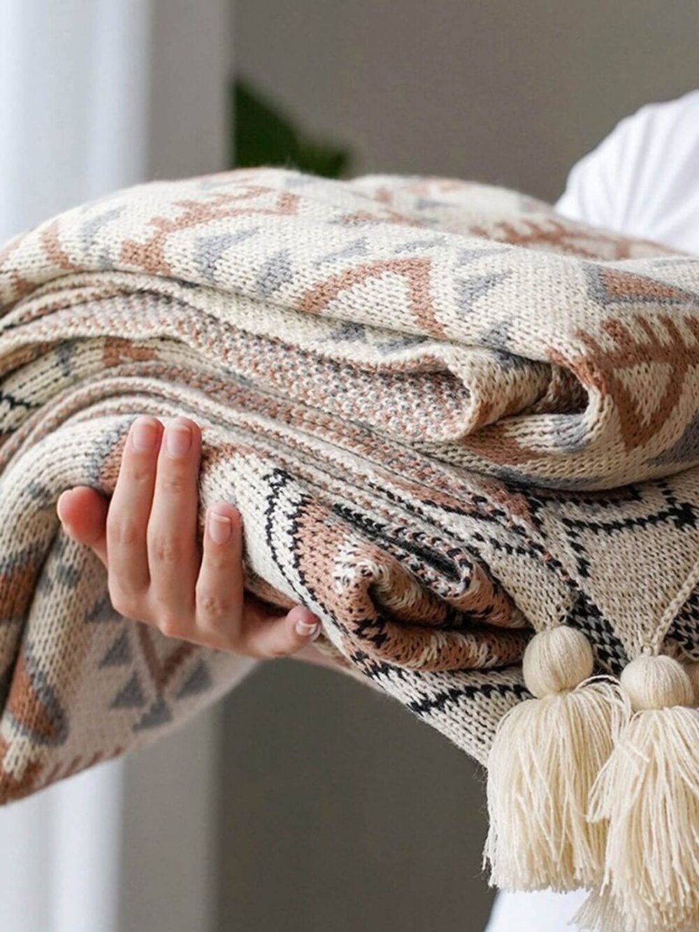 Boho Throw Blanket, Knitted Brown Tassel Throw Blankets, Soft Lightweight